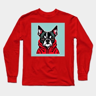 Boston Terrier in a Red Hoodie Long Sleeve T-Shirt